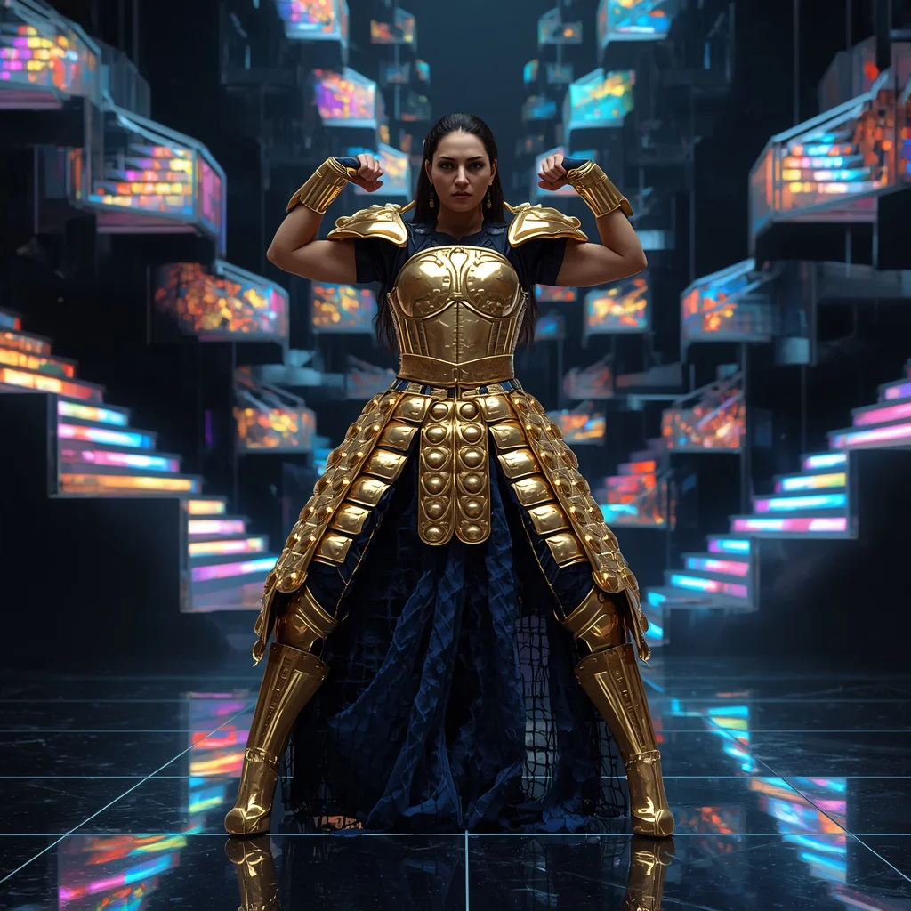 24k Gold Leaf Armor & Navy Blue Net Saree | Double-Belt Grip Power Stance Pose | Floating LED Staircases | trending prompt copy paste instagram - Whimsical Child Saree AI Prompts for Playful Outdoor Photography AI Prompt