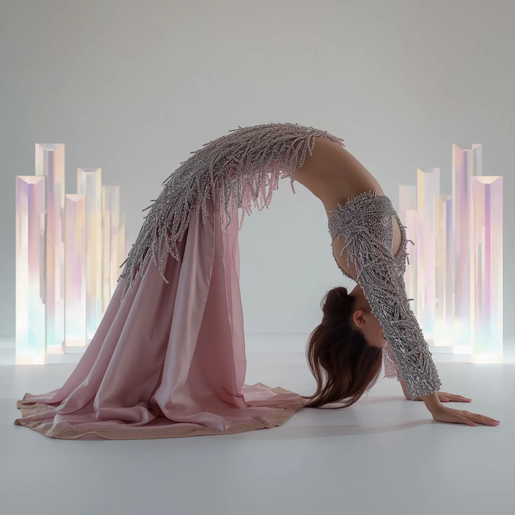 3D Metallic Vines & Ice Pink Silk Saree | Inverted Backbend Drop Pose | Glowing Geometric Monoliths | trending blue saree prompt - Aesthetic Modern Girl Saree AI Prompts for Contemporary Fashion Shoots AI Prompt