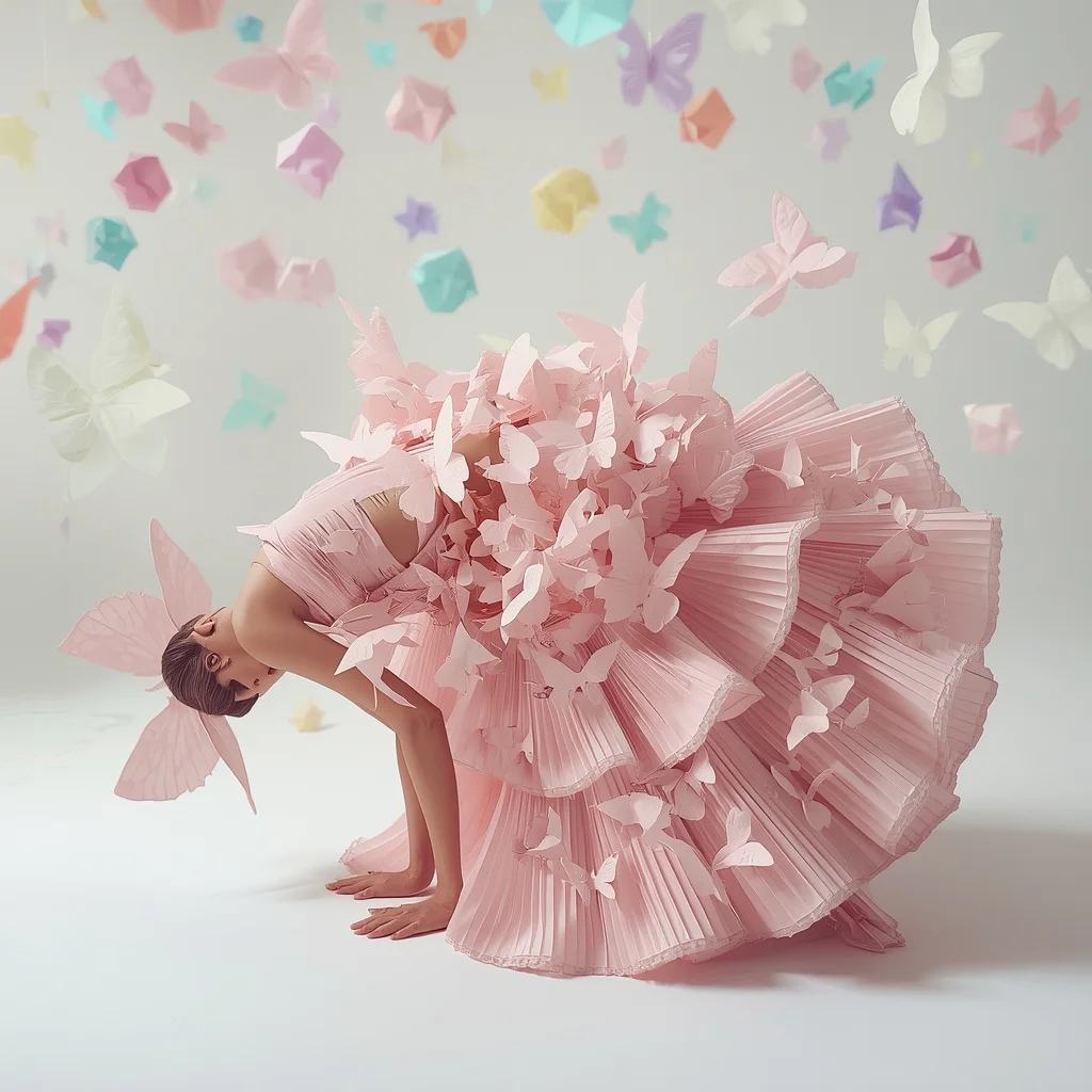3D Resin Butterfly Swarm & Blush Chiffon Saree | Gravity-Defying Forward Lean Pose | Floating Origami Geometric Shapes | prompt for girls in saree online - Vibrant Girl's Half Saree AI Image Prompts for South Indian Festivities AI Prompt