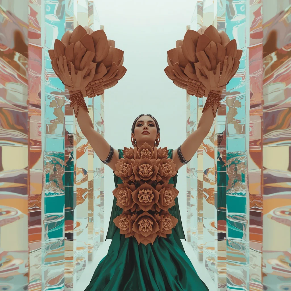 3D Sculpted Ceramic Lotus Saree: Emerald Satin | The Symmetrical Upward Sky-Push Pose | Staggered Glowing Acrylic Blocks | new instagram trend prompt for girl saree look copy and paste in english - Best 10 South Indian Silk Saree AI Prompts for Grand Wedding Photography AI Prompt