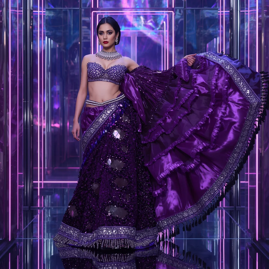 Amethyst Prism Queen Saree with Holographic Jewel Temple Palace | trending purple saree prompt for gemini - Top 10 Serene Chiffon Saree AI Prompts for Romantic Outdoor Portraits AI Prompt