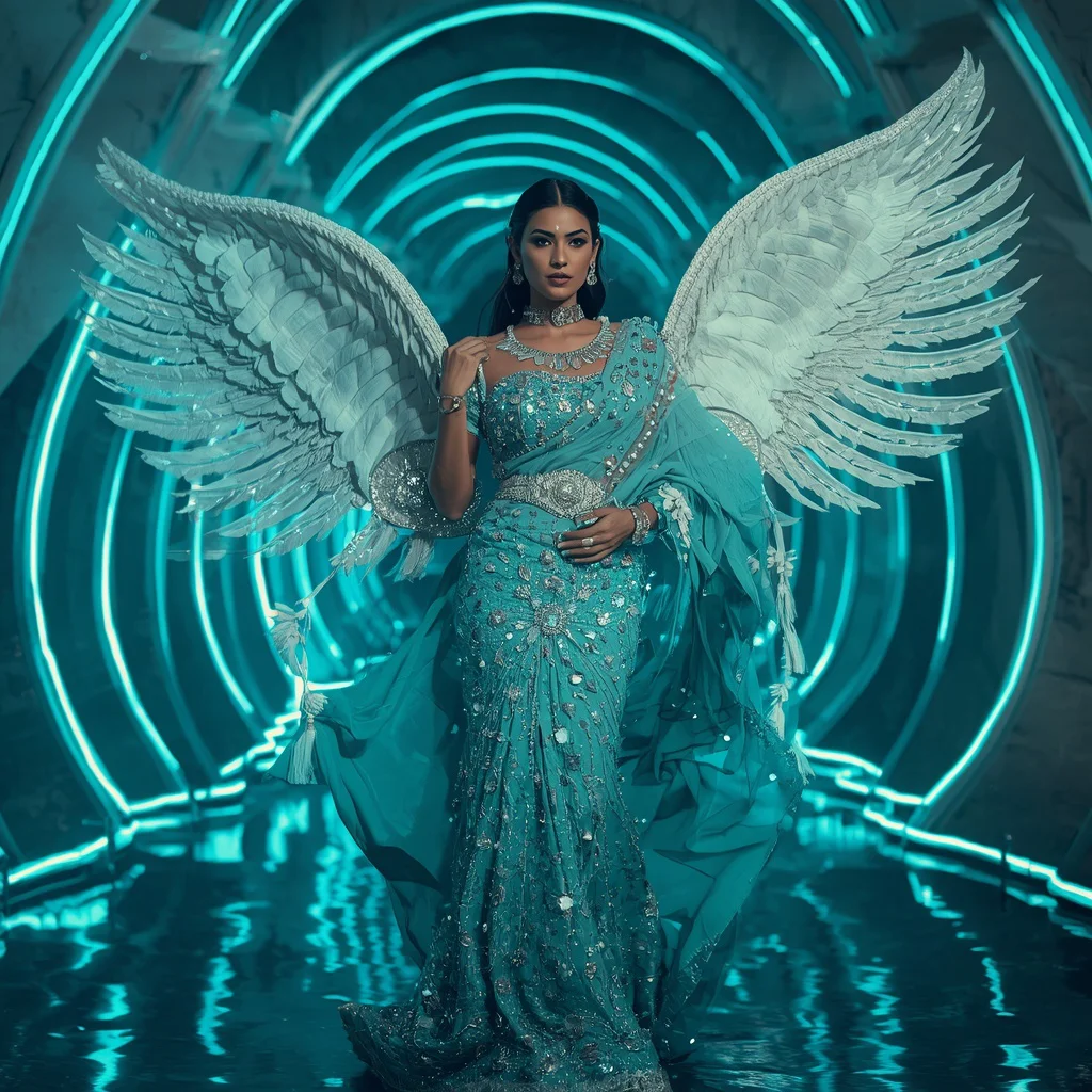 Aqua Ocean Crystal Wing Saree with Illuminated Wave Temple Palace | prompt for girls college - Top 10 Serene Chiffon Saree AI Prompts for Romantic Outdoor Portraits AI Prompt