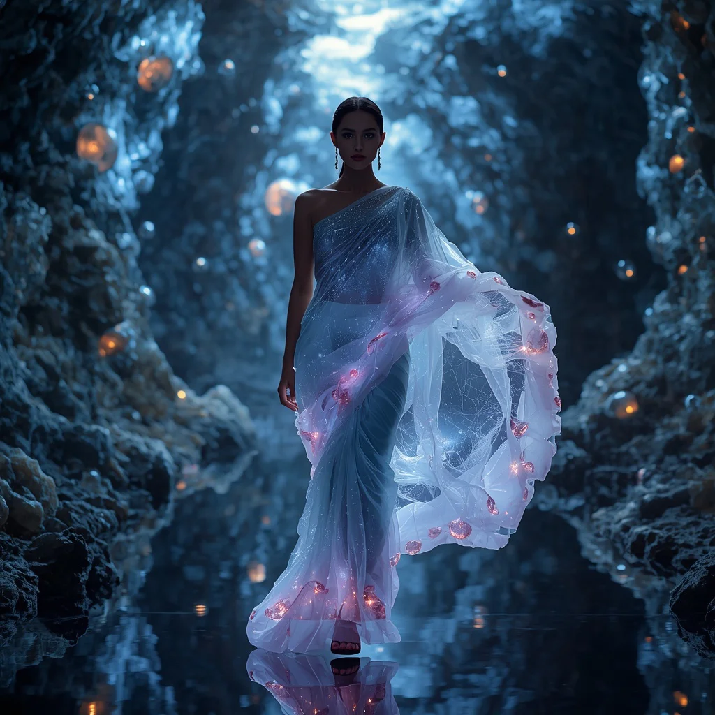 Bioluminescent Jelly Nebula Hyper-Omni Eternity Prime Apex Omega ExoGenesis Abyss Ocean Continuum Saree with Living Cosmic Ocean Dimension Field System | prompt for girl in saree pic in english - Regal Princess Saree AI Image Prompts for Fairytale-Inspired Artwork AI Prompt