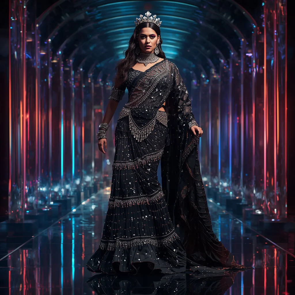 Black Diamond Imperial Crown Saree with Infinity Prism Crystal Temple Palace | modern saree ai prompt - Top 10 Serene Chiffon Saree AI Prompts for Romantic Outdoor Portraits AI Prompt