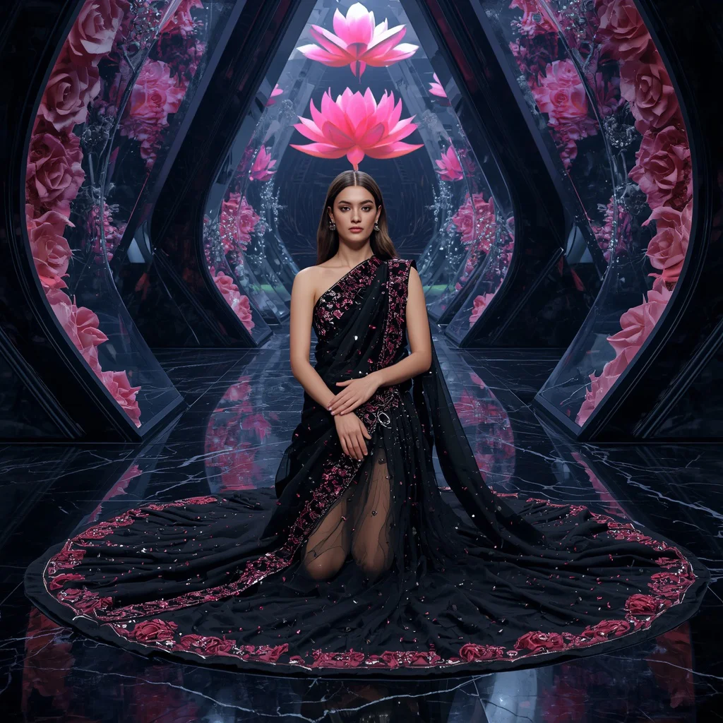 Black Diamond Lotus Saree with Shadow Floral Prism Fortress | prompt for girls copy paste - Top 10 Traditional Handloom Saree AI Prompts for Authentic Cultural Portraiture AI Prompt