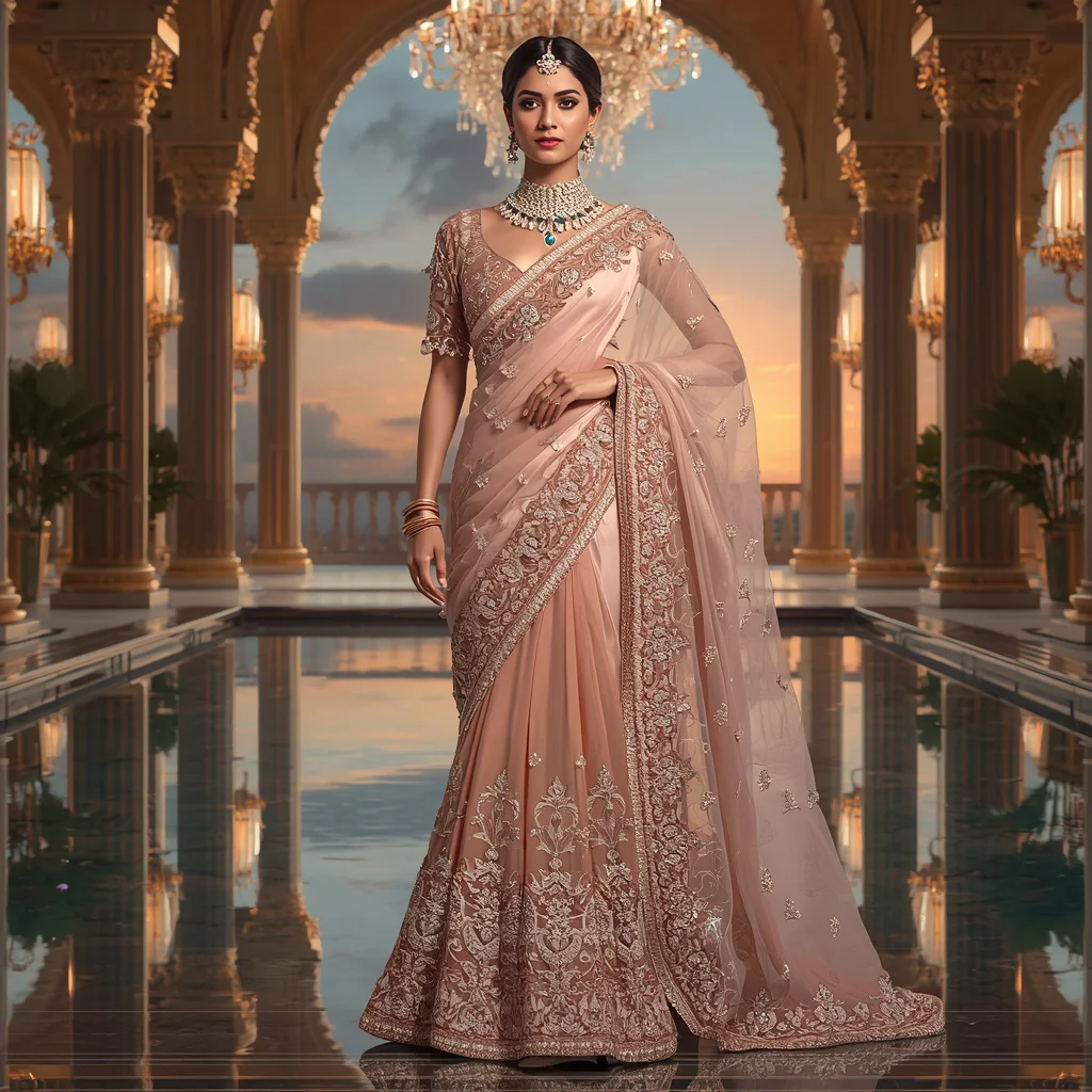 Celestial Rose Quartz Maharani Couture Saree with Grand Infinity Palace Ballroom | prompt for gemini ai girl in traditional dress - Top 10 Vintage Charm Saree AI Prompts for Retro Indian Glamour Portraits AI Prompt