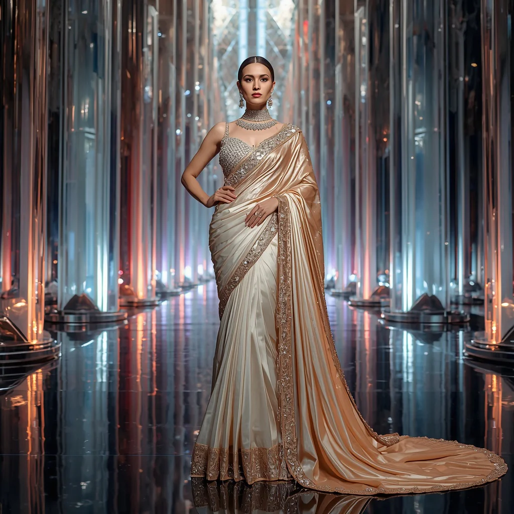 Champagne Crystal Supreme Saree with Floating Prism Column Cathedral Hall | prompt trending girl - New 10 Fusion Wear Saree AI Prompts for Indo-Western Fashion AI Prompt