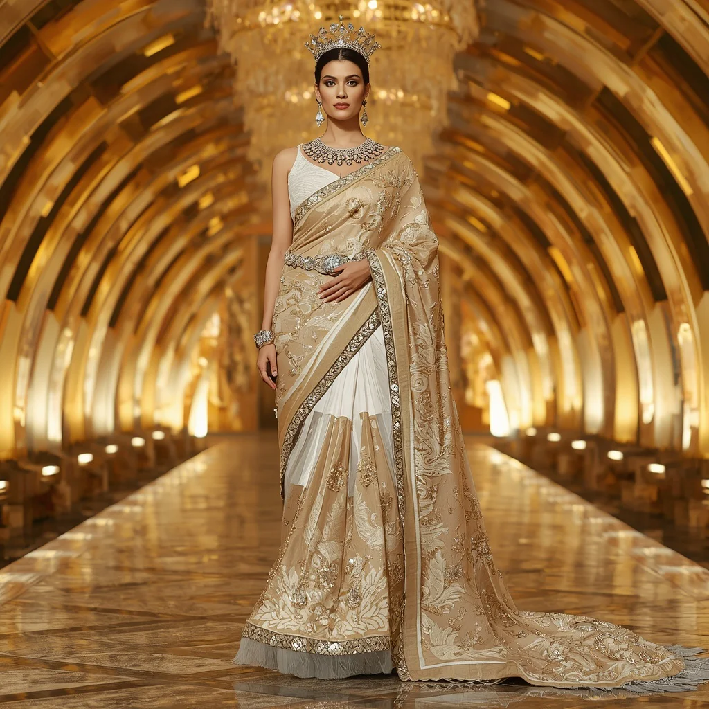 Champagne Diamond Waterfall Crown Saree with Golden Reflection Crystal Temple Palace | saree ai prompt - Top 10 Serene Chiffon Saree AI Prompts for Romantic Outdoor Portraits AI Prompt