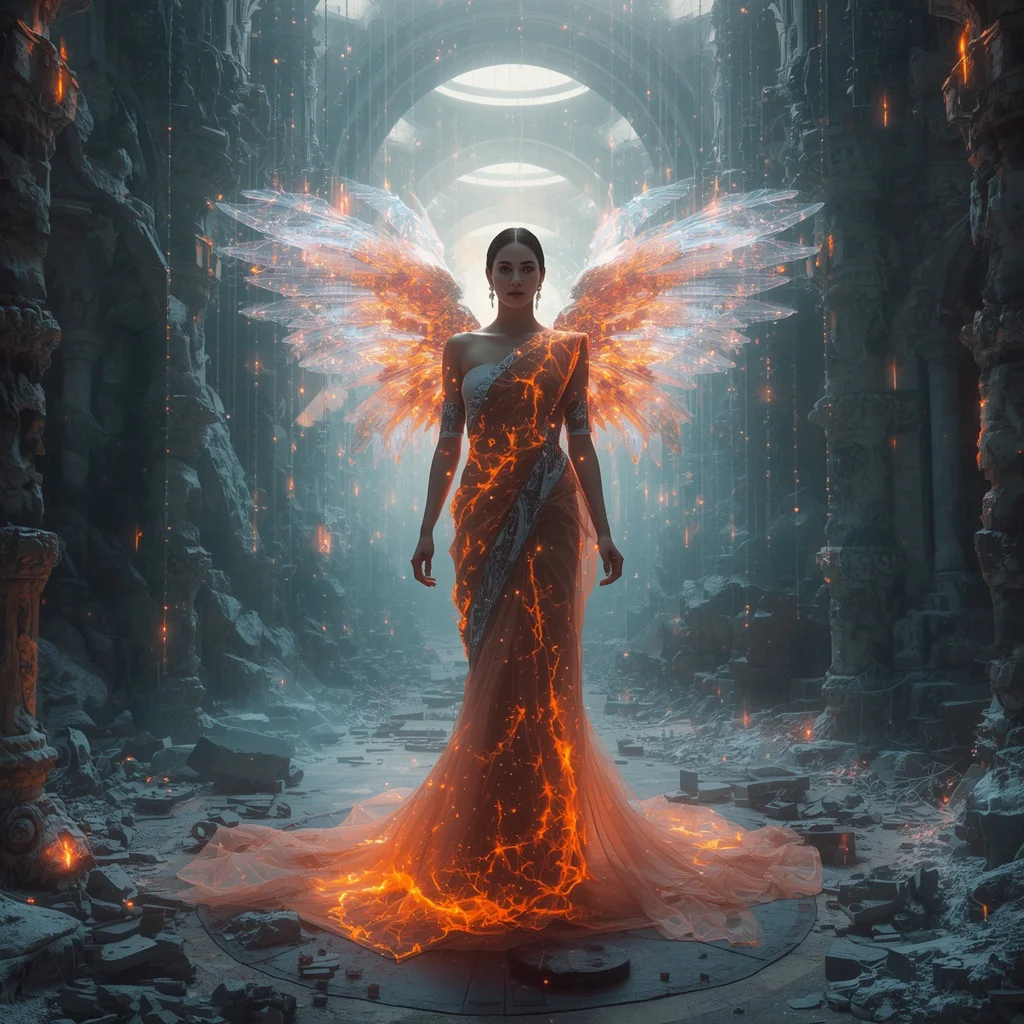 Chrono Nebula Phoenix Seraph Saree with Temporal Supernova Infinity Cathedral Rift Gate Core Chamber | saree prompt generator - Best 10 South Indian Silk Saree AI Prompts for Grand Wedding Photography AI Prompt