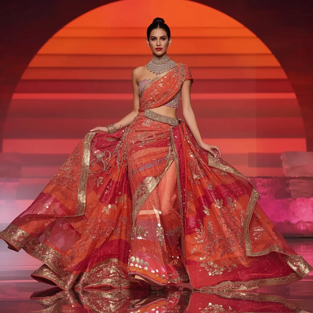 Coral Sunset Aurora Wave Saree with Neon Horizon Crystal Temple Palace | prompt for saree for wedding in english - Top 10 Serene Chiffon Saree AI Prompts for Romantic Outdoor Portraits AI Prompt