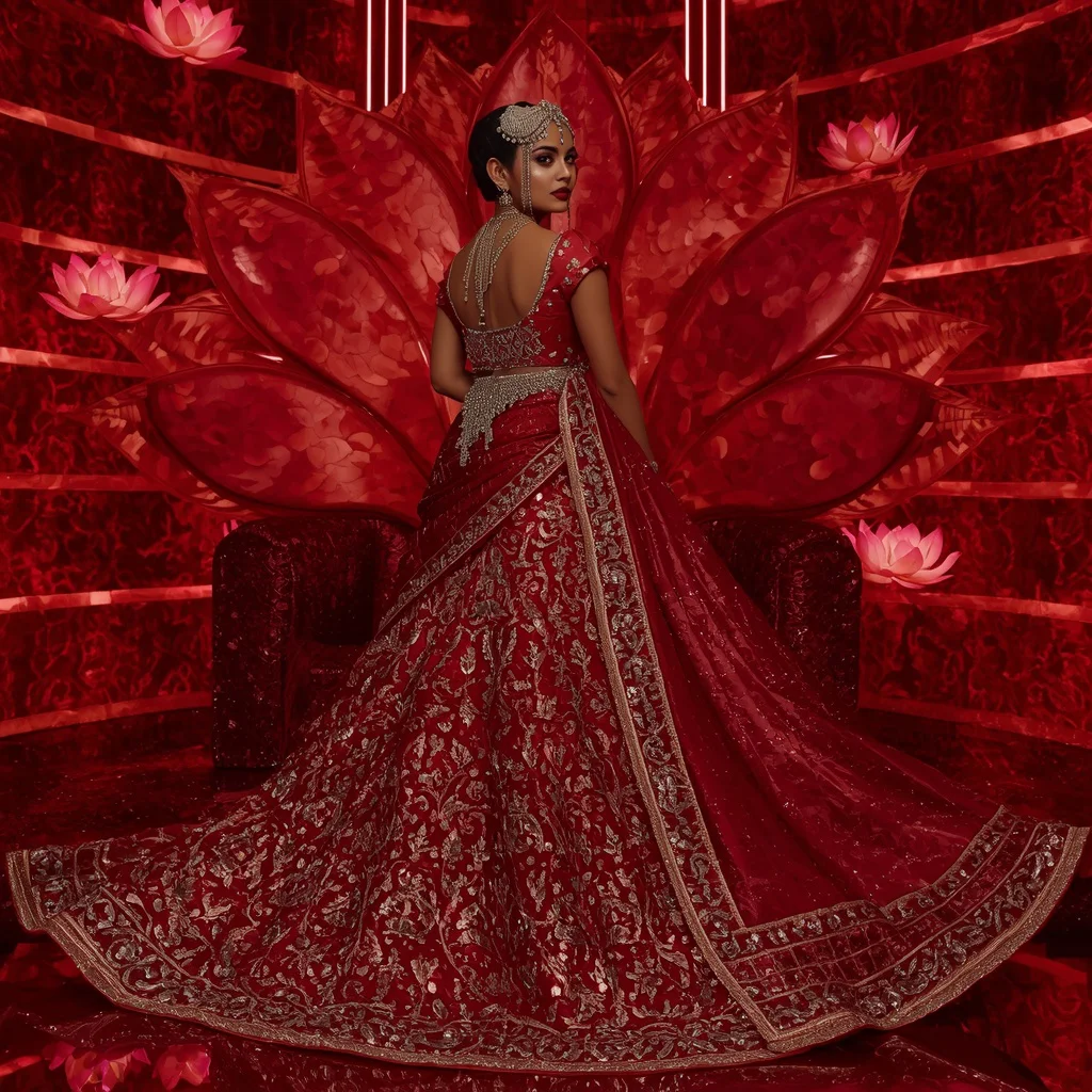 Crimson Lotus Throne Maharani Saree with Floating Ruby Floral Palace | trending purple saree prompt for gemini - New 10 Fusion Wear Saree AI Prompts for Indo-Western Fashion AI Prompt