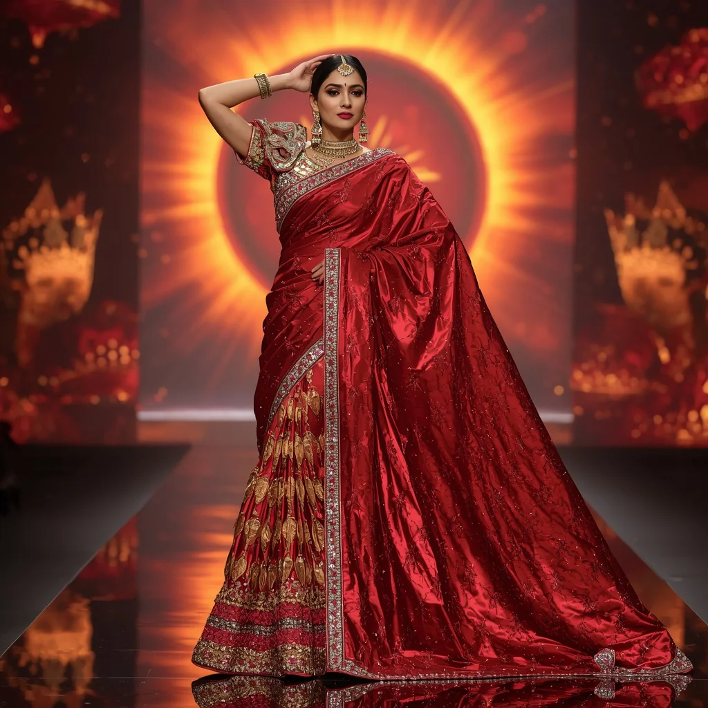 Crimson Solar Dynasty Saree with Floating Crown Sun Kingdoms | saree girl ai prompt - Vibrant Girl's Half Saree AI Image Prompts for South Indian Festivities AI Prompt