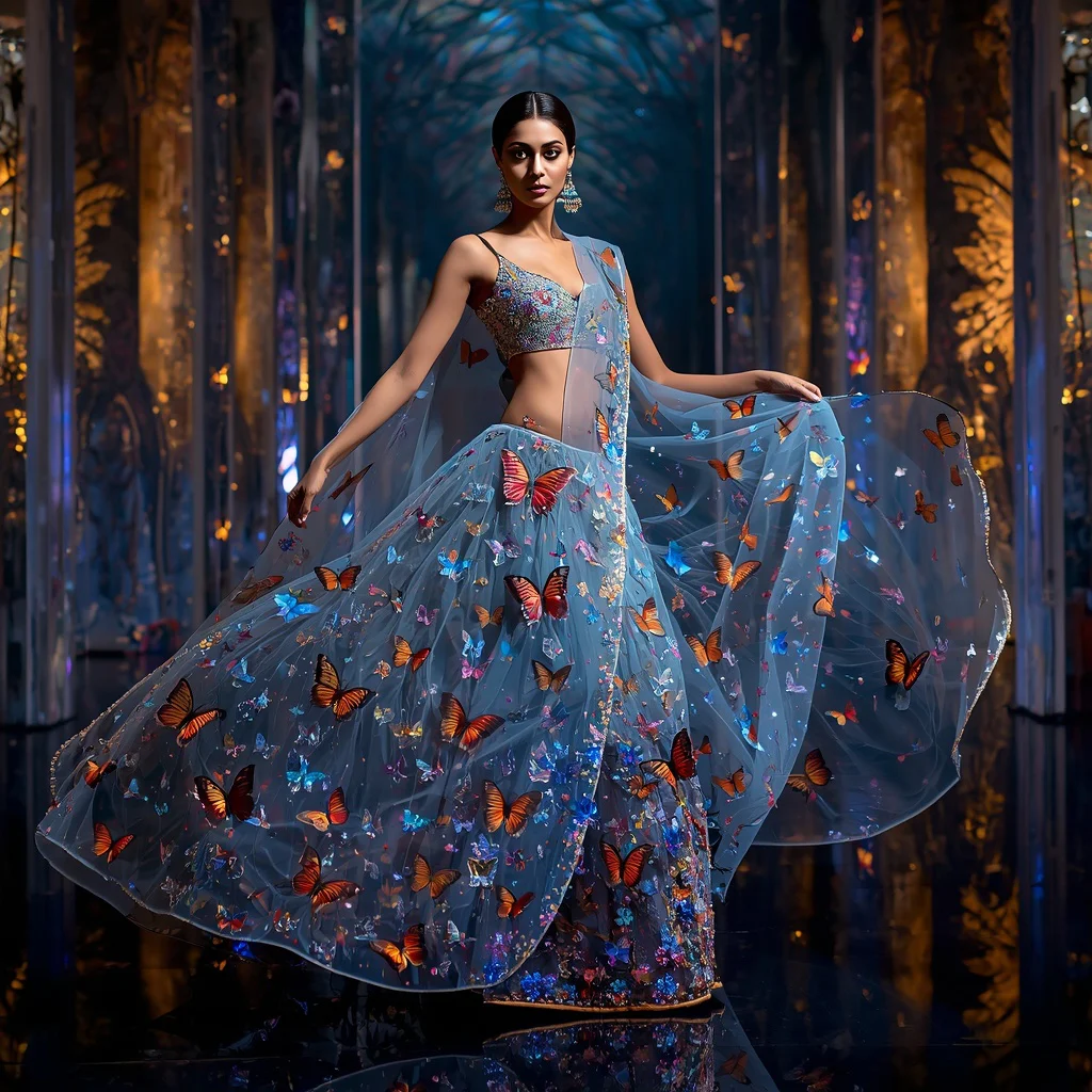 Crystal Butterfly Garden Saree with Fantasy Reflection Hall | gemini saree prompt - Top 10 Traditional Handloom Saree AI Prompts for Authentic Cultural Portraiture AI Prompt