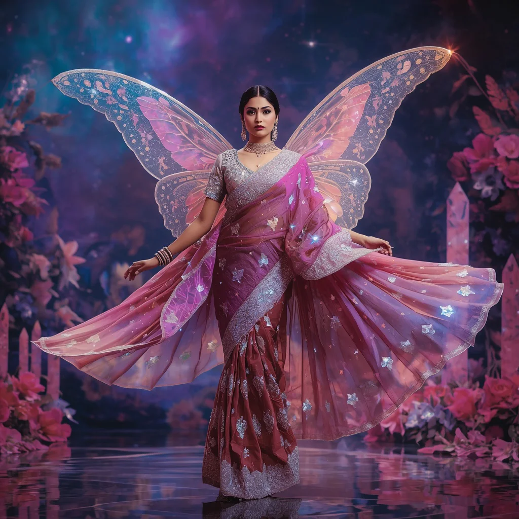 Crystal Butterfly Nebula Empress Saree with Floating Cosmic Bloom Galaxy Garden Stage Scene | chat gpt prompt for saree look - Candid Girl's Saree AI Prompts for Authentic Cultural Moments AI Prompt