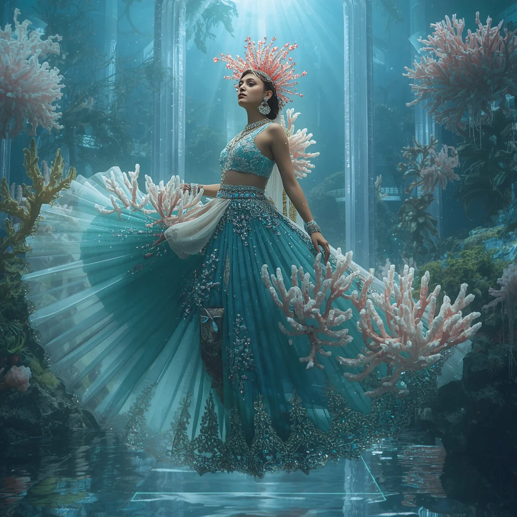 Crystal Coral Crown Saree with Floating Ocean Flower Empire | chatgpt photo editing prompts text - New 10 Casual Cotton Saree AI Prompts for Everyday Indian Lifestyle Photography AI Prompt