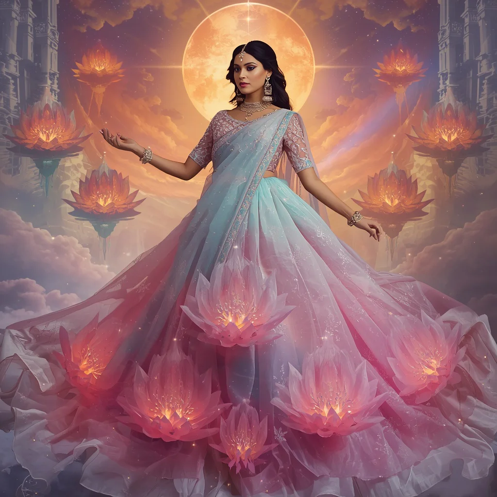Crystal Lotus Aurora Divine Temple Saree with Floating Sacred Galaxy Cloud Empire Scene | trending peacock saree prompt - Candid Girl's Saree AI Prompts for Authentic Cultural Moments AI Prompt