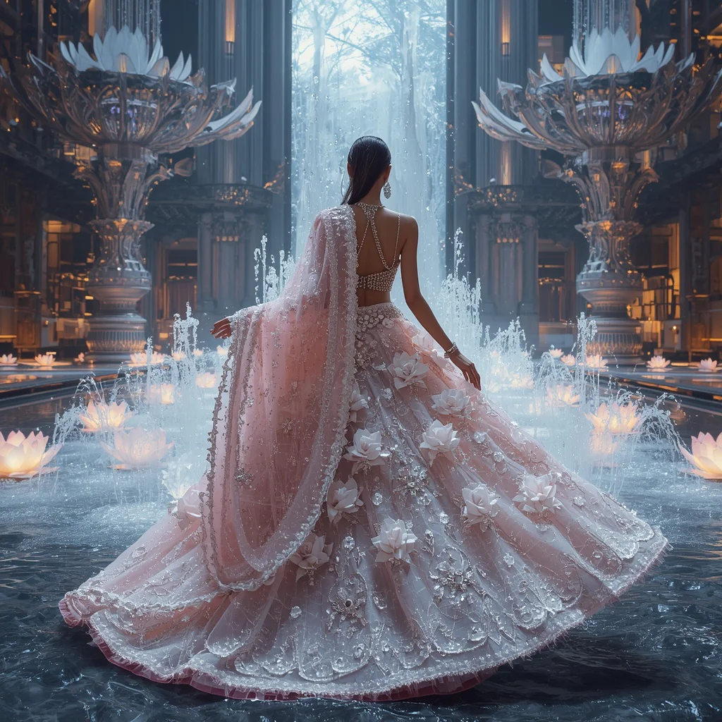 Crystal Lotus Fountain Saree with Floating Palace Courtyard Empire | chatgpt photo editing prompts trending instagram - Joyful Girl's Saree AI Prompts for Traditional Temple Festival Photography AI Prompt