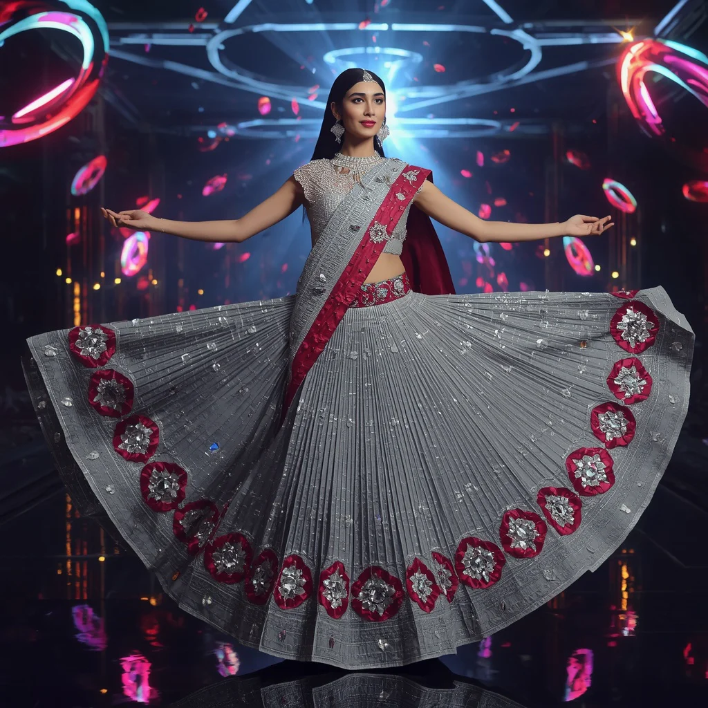 Crystal Meteor Maharani Saree with Floating Diamond Comet Rings | trending saree prompt for girl - Elegant Youngster Saree AI Prompts for Graceful Studio Portraiture AI Prompt