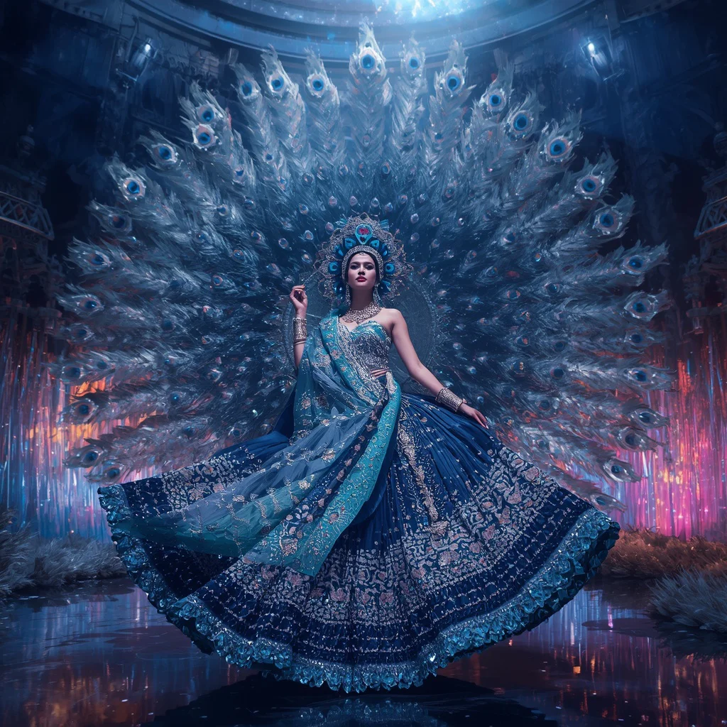 Crystal Peacock Eye Galaxy Saree with Infinite Cosmic Feather Realm | new instagram trend prompt for girl saree look - Joyful Girl's Saree AI Prompts for Traditional Temple Festival Photography AI Prompt