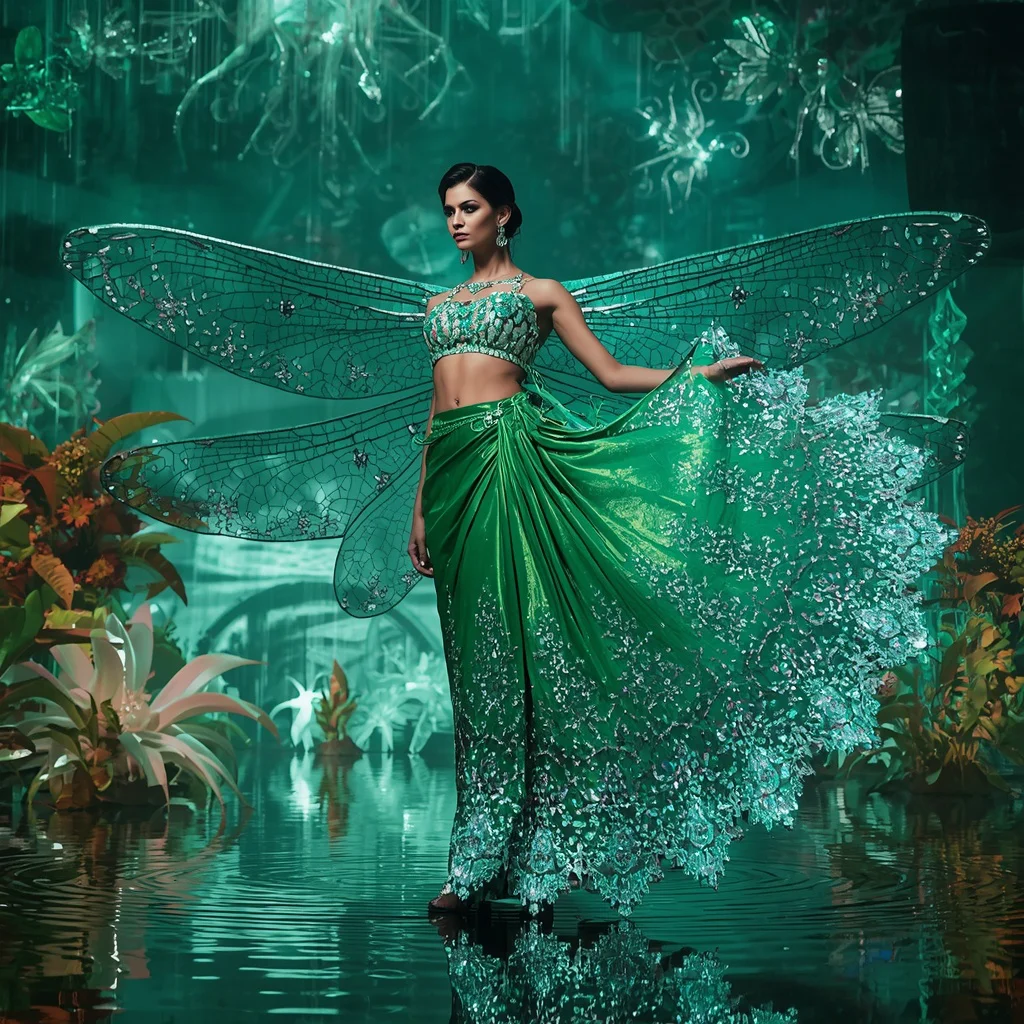Crystal Prism Dragonfly Saree with Floating Neon Wetland Empire | trending purple saree prompt - New 10 Casual Cotton Saree AI Prompts for Everyday Indian Lifestyle Photography AI Prompt