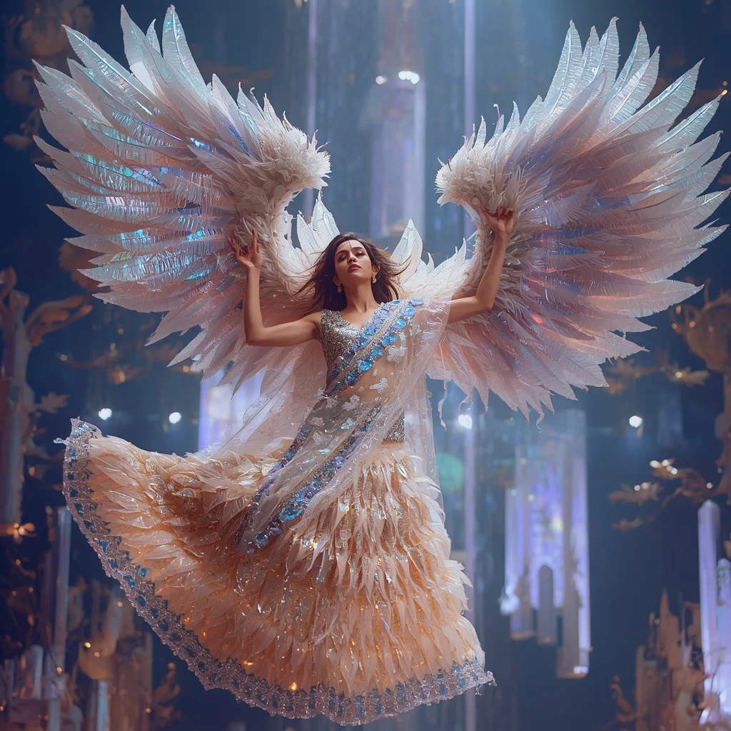 Crystal Prism Feather Saree with Giant Floating Wing City | prompt seen trending girl instagram - Best 10 Bridal Banarasi Saree AI Prompts for North Indian Wedding Elegance AI Prompt
