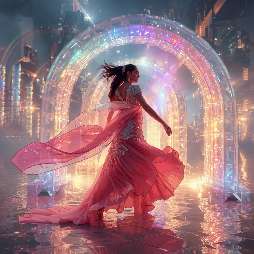 Crystal Rainbow Bridge Saree with Floating Celebration Metropolis | saree ai prompt - Joyful Girl's Saree AI Prompts for Traditional Temple Festival Photography AI Prompt