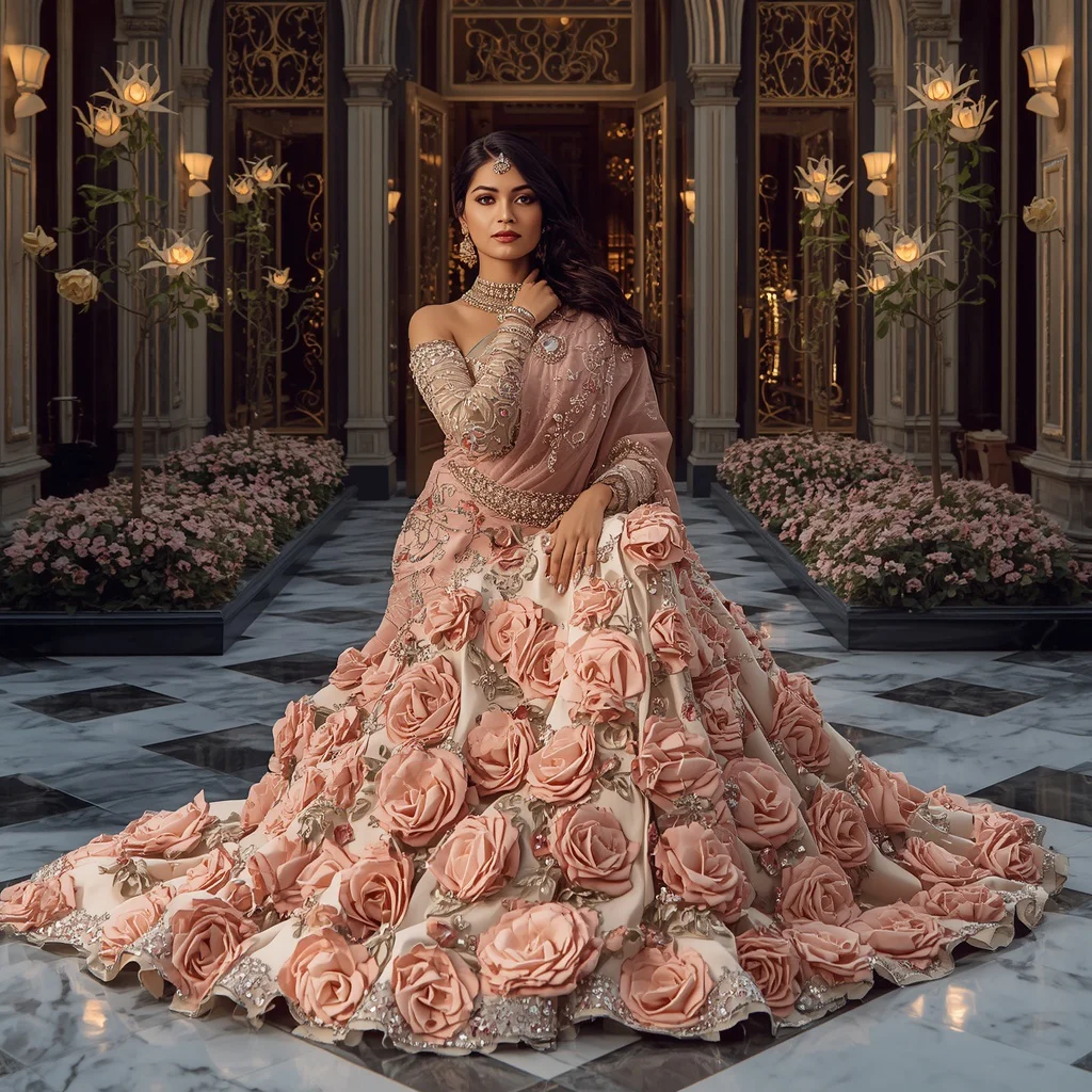 Crystal Rose Garden Saree with Luxury Floral Courtyard | prompt seen trending girl 2026 - Top 10 Traditional Handloom Saree AI Prompts for Authentic Cultural Portraiture AI Prompt