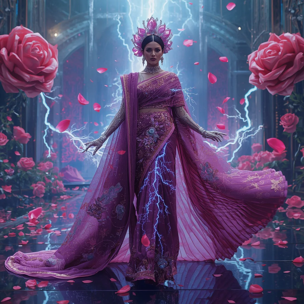 Crystal Thunder Rose Saree with Electric Floral Megacity | prompt for gemini ai girl in saree 2026 - New 10 Casual Cotton Saree AI Prompts for Everyday Indian Lifestyle Photography AI Prompt