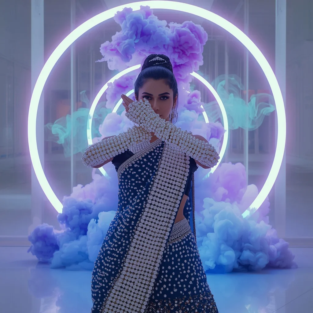 Deep Sea Pearl Armor Saree: Thousands of Pearls on Indigo | The Symmetrical Hands-Crossing Chest Pose | Abstract Neon Smoke Rings | prompt for girls college ai photo editing - Best 10 South Indian Silk Saree AI Prompts for Grand Wedding Photography AI Prompt