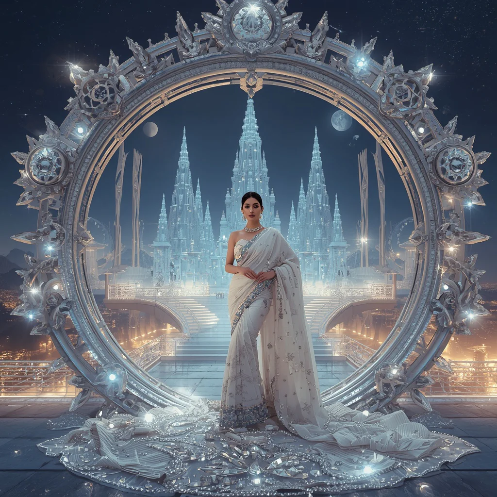 Diamond Crystal Moon Gate Saree with Celestial Temple Megacity | modern saree ai prompt - Joyful Girl's Saree AI Prompts for Traditional Temple Festival Photography AI Prompt