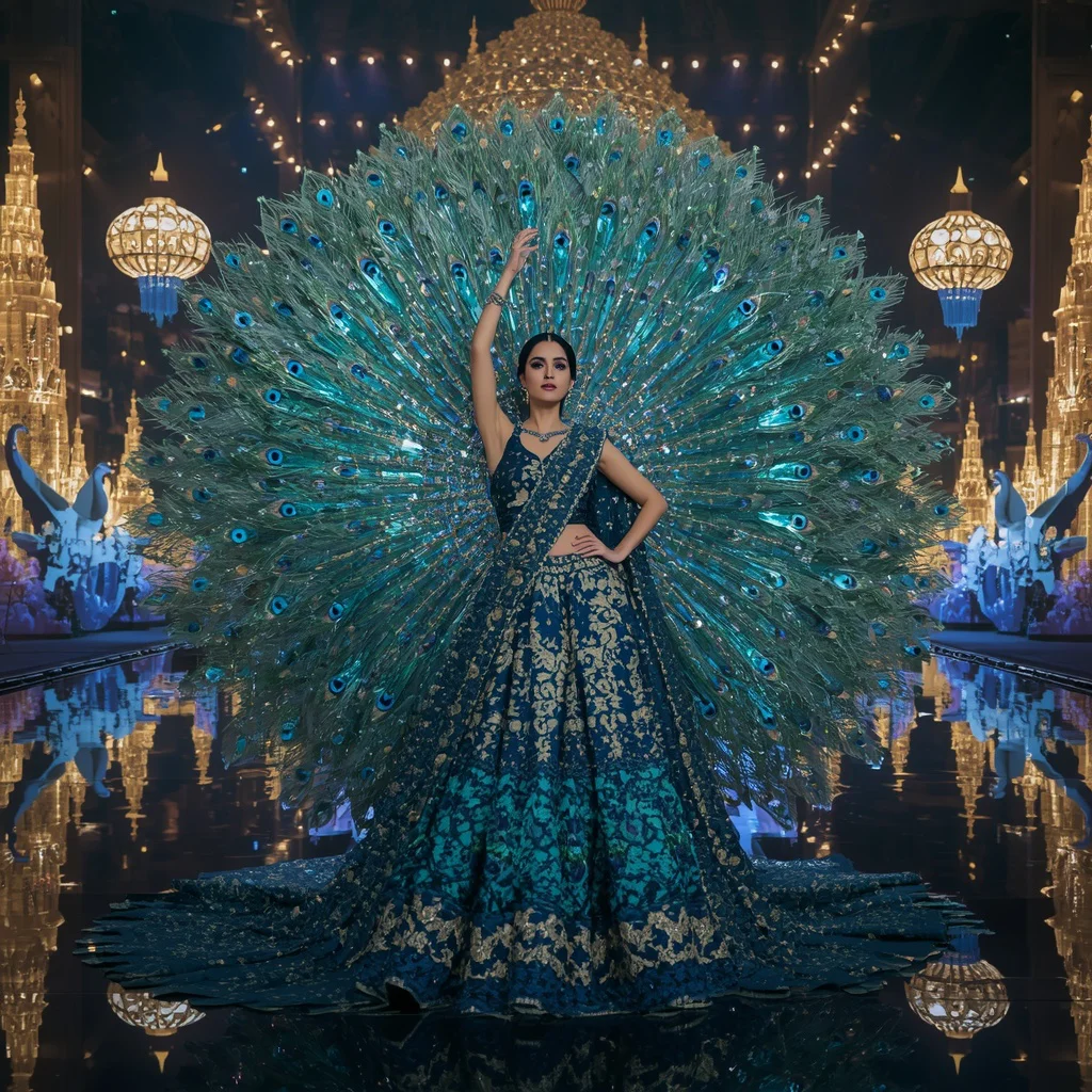 Diamond Crystal Peacock Fan Saree with Royal Festival Light Kingdom | chatgpt photo editing prompts trending instagram for girl - Joyful Girl's Saree AI Prompts for Traditional Temple Festival Photography AI Prompt