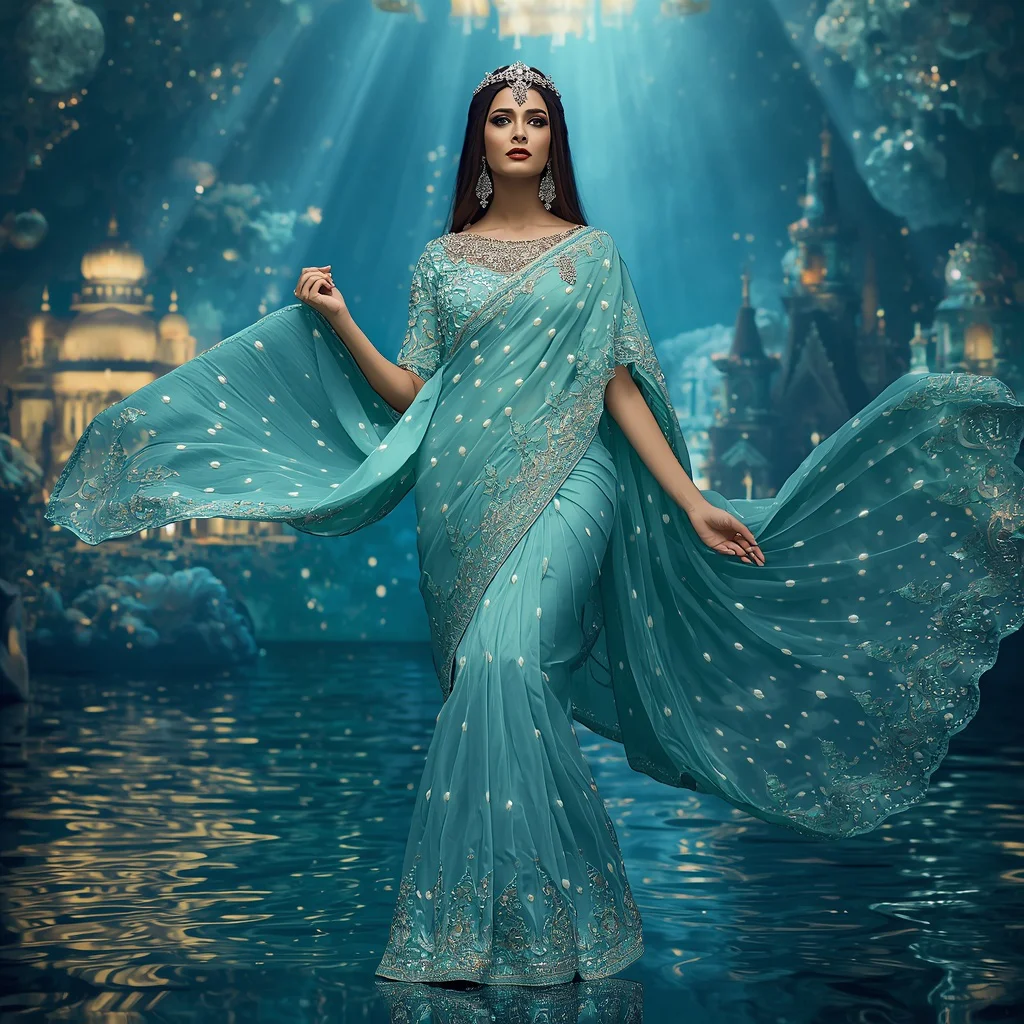 Divine Ocean Pearl Goddess Saree with Floating Crystal Water Kingdom Galaxy Fashion Scene | prompt seen girl saree butterfly - Glamorous Black Saree AI Image Prompts for Bold Girl's Fashion AI Prompt