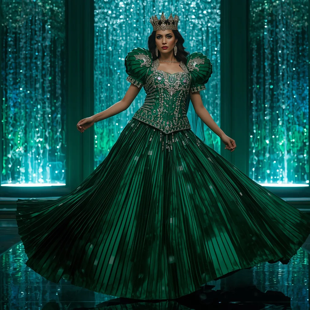 Emerald Crown Cascade Saree with Neon Jewel Waterfall Palace | new instagram trend prompt for girl - Vibrant Girl's Half Saree AI Image Prompts for South Indian Festivities AI Prompt