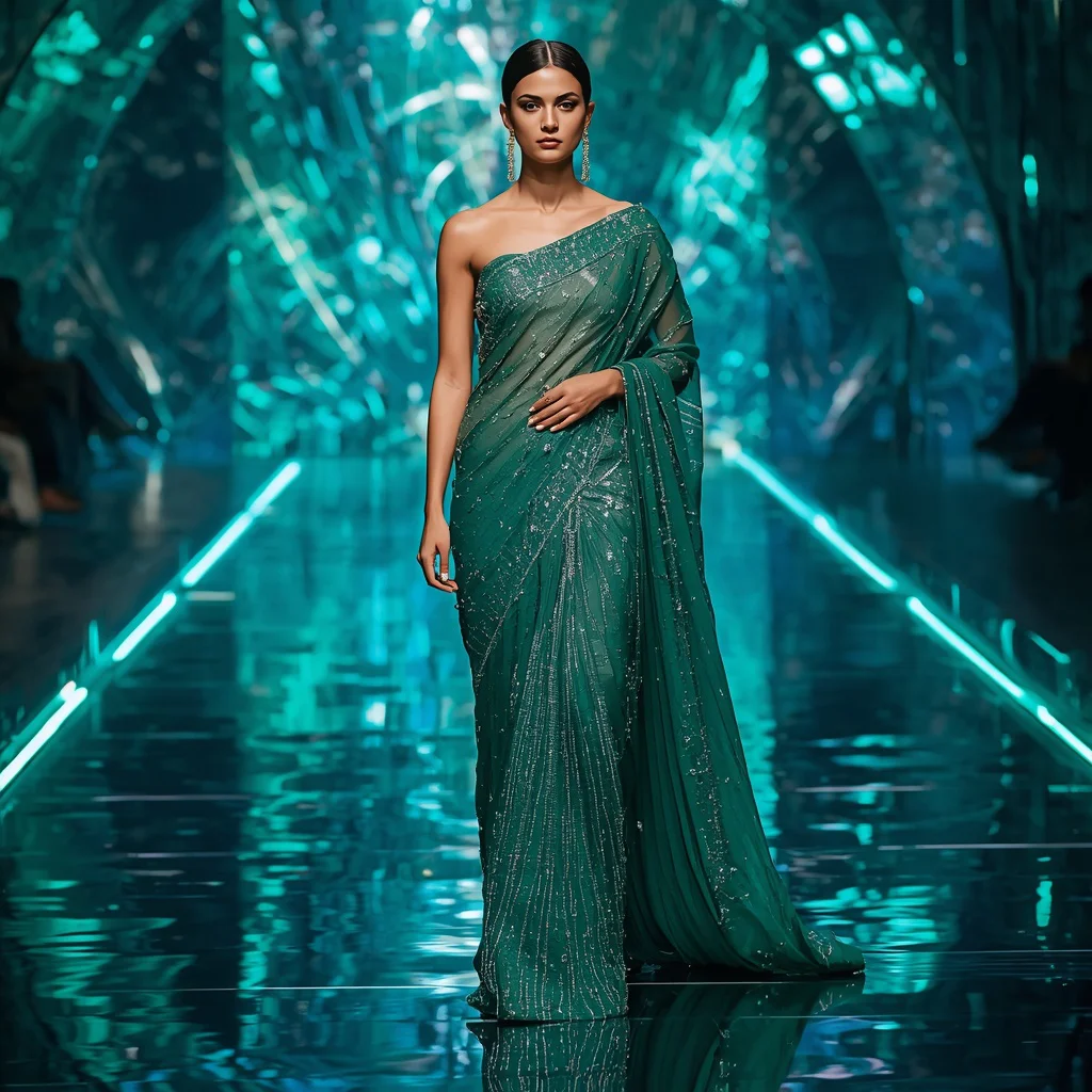 Emerald Crystal Waterfall Saree with Infinity Aqua Neon Cosmos | new trending purple saree prompt - Top 10 Traditional Handloom Saree AI Prompts for Authentic Cultural Portraiture AI Prompt