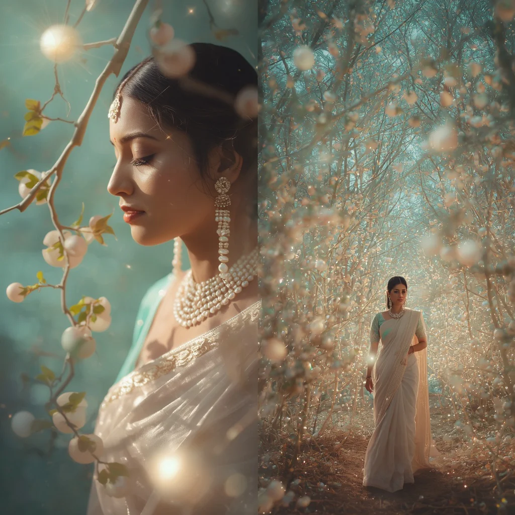 Festive Pastel Saree Aurora Pearl Forest Infinity Collage | new instagram trend prompt for girl saree look in english - Elegant Youngster Saree AI Prompts for Graceful Studio Portraiture AI Prompt