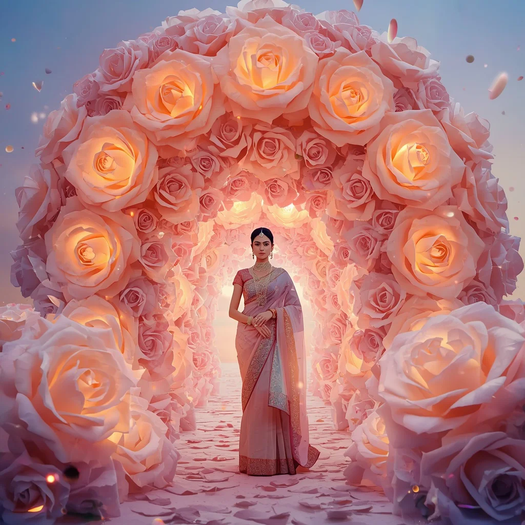 Festive Pastel Saree Aurora Rose Kingdom Collage Luxury | traditional saree prompt for instagram - Aesthetic Modern Girl Saree AI Prompts for Contemporary Fashion Shoots AI Prompt