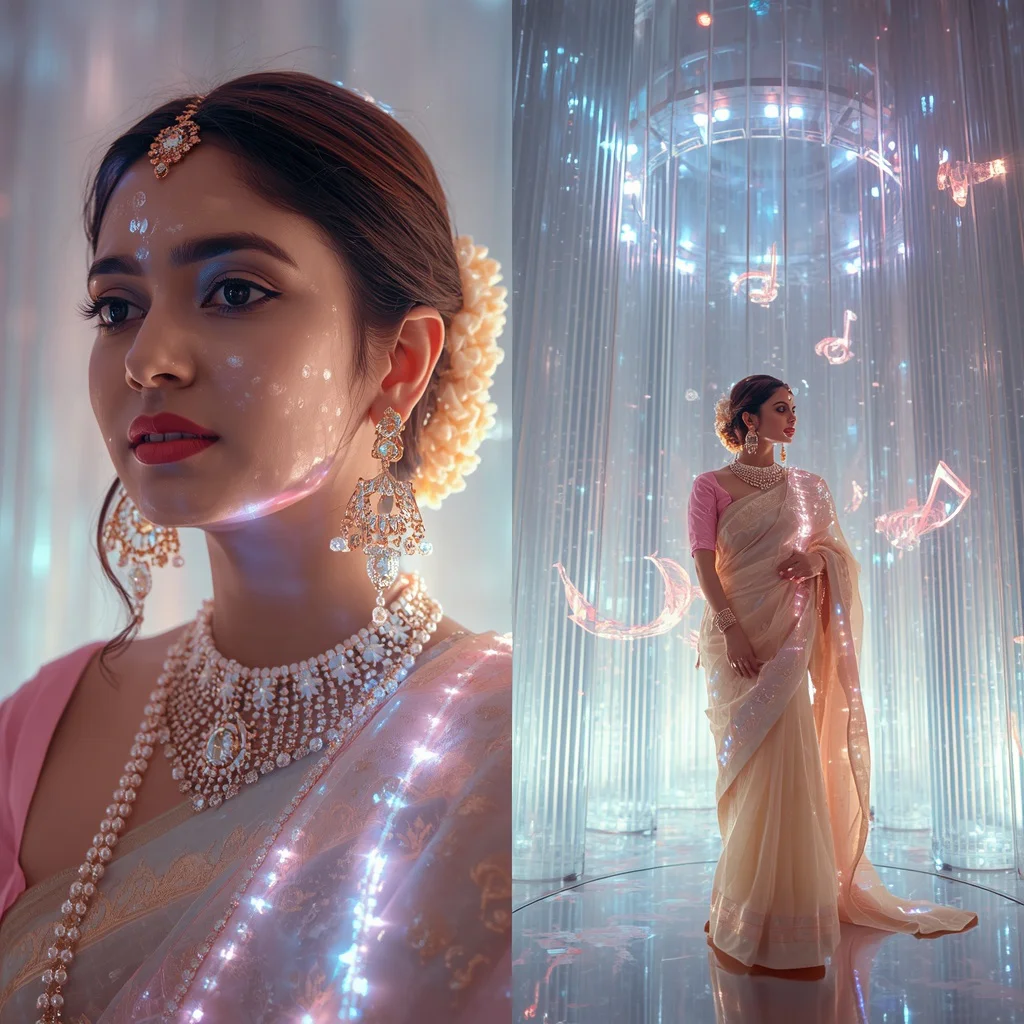 Festive Pastel Saree Celestial Crystal Orchestra Hall Collage | new prompt chatgpt - Aesthetic Modern Girl Saree AI Prompts for Contemporary Fashion Shoots AI Prompt
