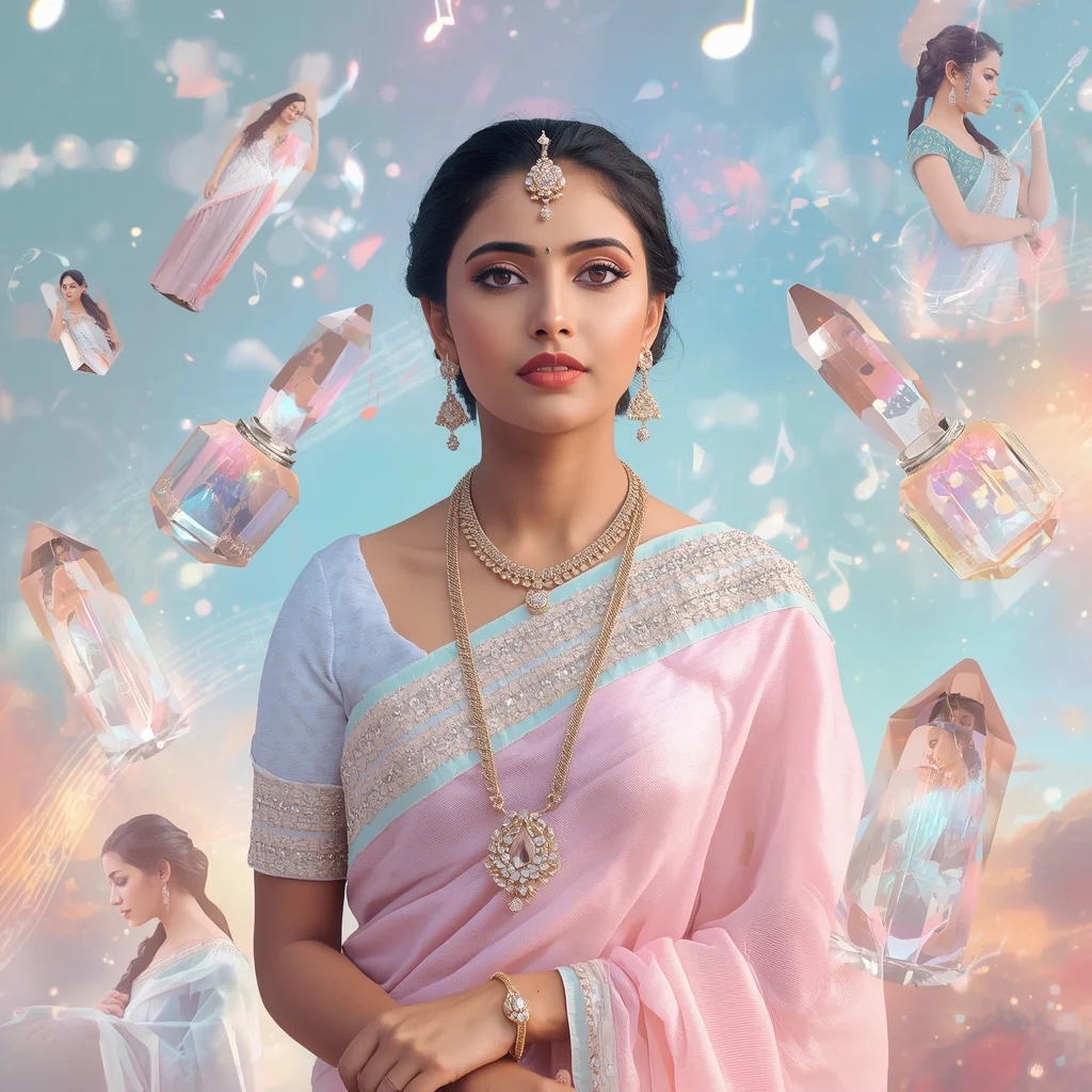 Festive Pastel Saree Celestial Crystal Symphony Collage Premium | prompt seen trending girl instagram in saree - Aesthetic Modern Girl Saree AI Prompts for Contemporary Fashion Shoots AI Prompt