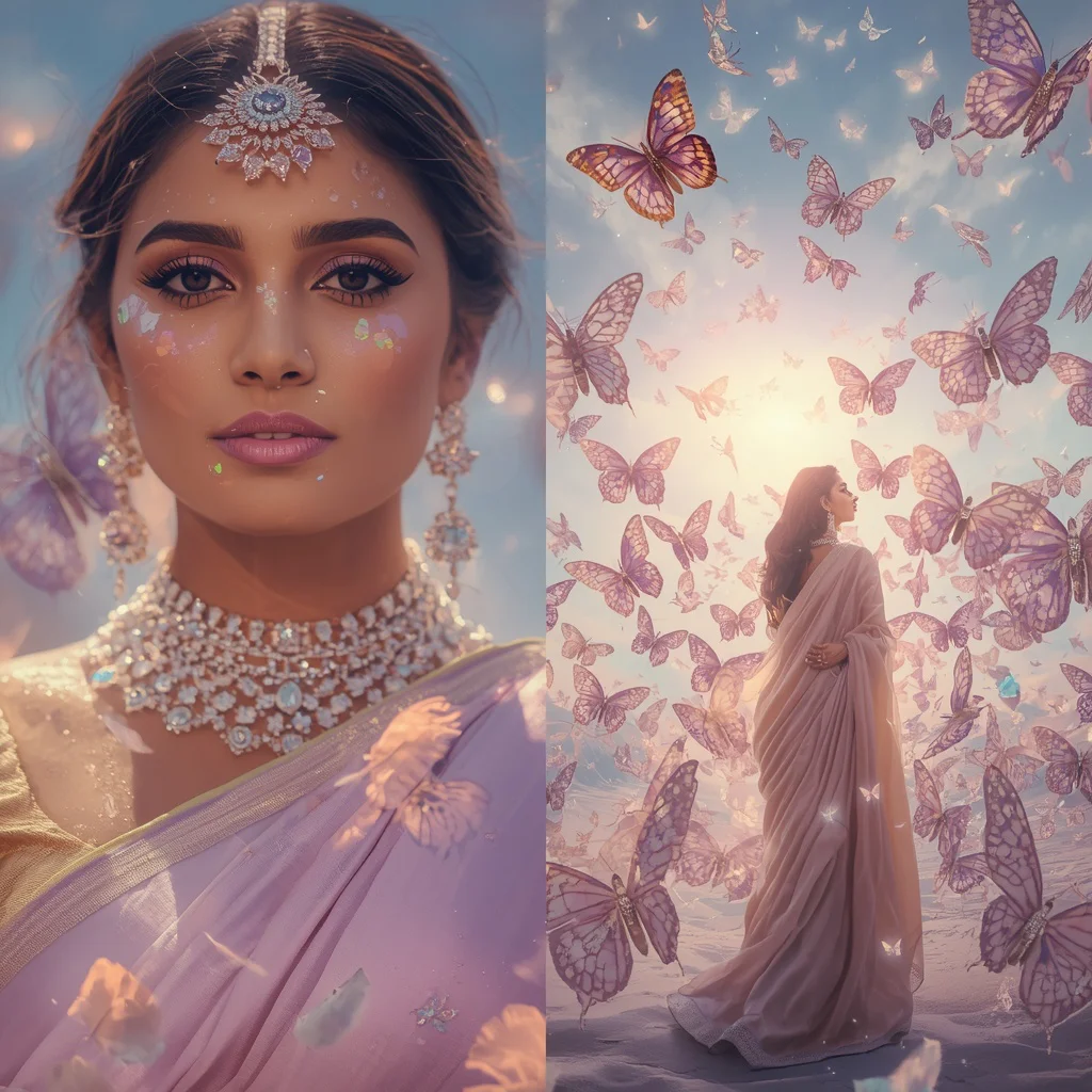 Festive Pastel Saree Celestial Diamond Butterfly Kingdom Collage | trending saree prompt for girl in english - Elegant Youngster Saree AI Prompts for Graceful Studio Portraiture AI Prompt