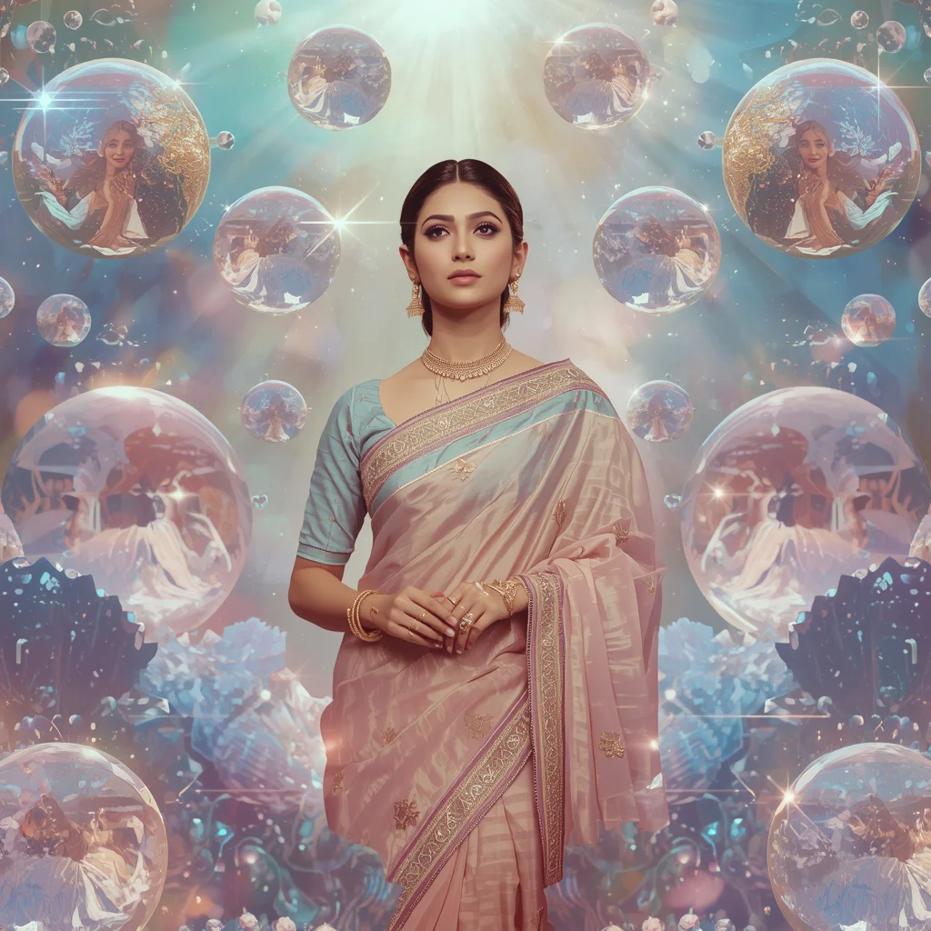 Festive Pastel Saree Crystal Planet Garden Collage Premium | new instagram trend prompt for girl saree look - Aesthetic Modern Girl Saree AI Prompts for Contemporary Fashion Shoots AI Prompt