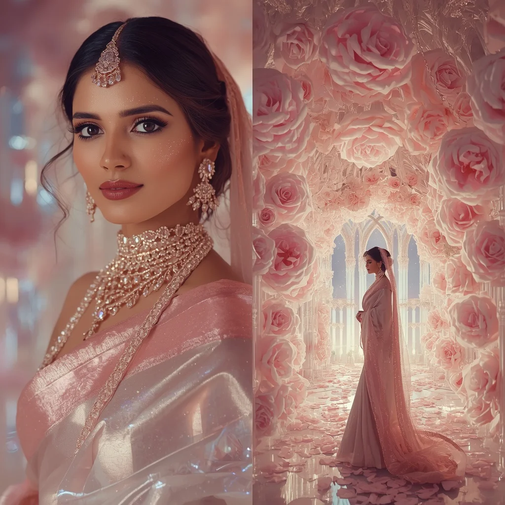 Festive Pastel Saree Crystal Rose Nebula Cathedral Collage | instagram prompt for girl in saree pic - Elegant Youngster Saree AI Prompts for Graceful Studio Portraiture AI Prompt
