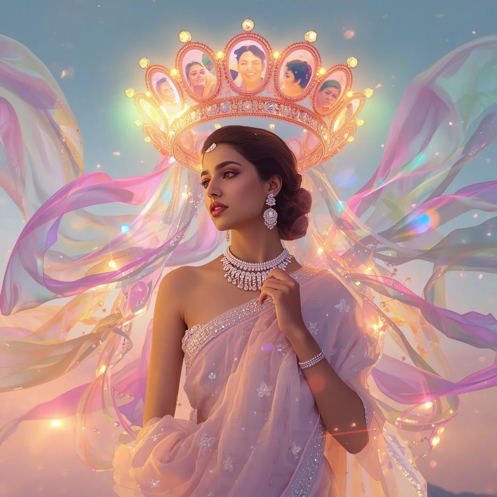 Festive Pastel Saree Eternal Aurora Crown Collage Luxury | bridal saree ai prompt - Aesthetic Modern Girl Saree AI Prompts for Contemporary Fashion Shoots AI Prompt