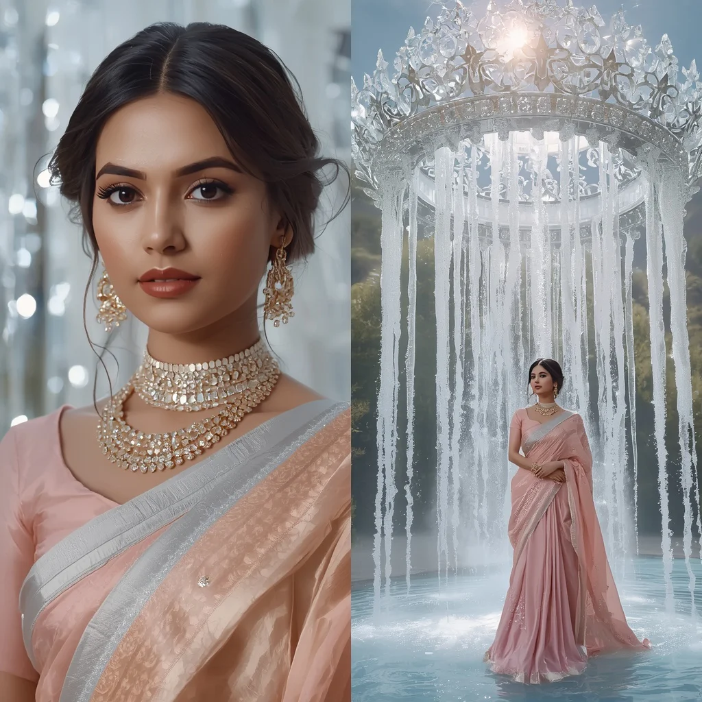 Festive Pastel Saree Floating Crystal Crown Waterfalls Collage | best saree prompt for chatgpt - Elegant Youngster Saree AI Prompts for Graceful Studio Portraiture AI Prompt