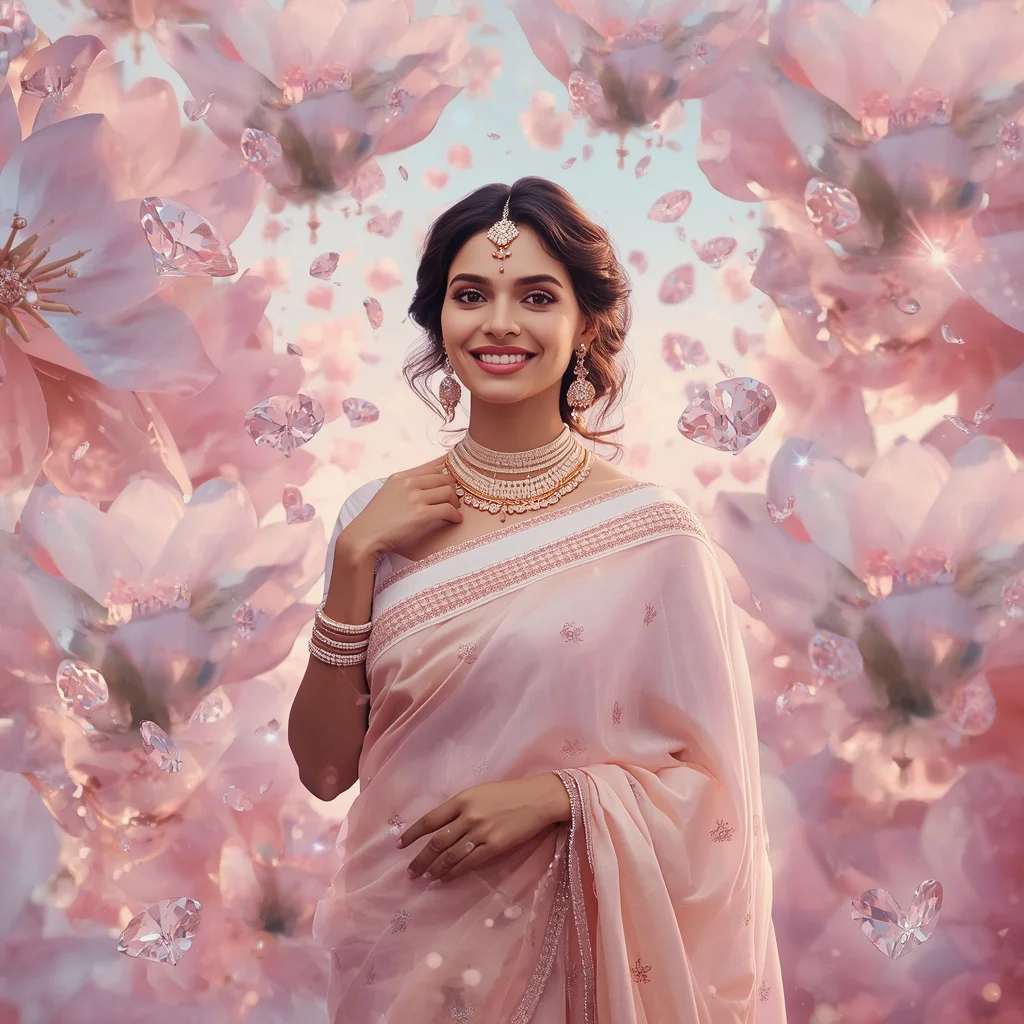 Festive Pastel Saree Floating Diamond Blossom Collage Luxury | prompt for gemini ai girl modern saree - Aesthetic Modern Girl Saree AI Prompts for Contemporary Fashion Shoots AI Prompt