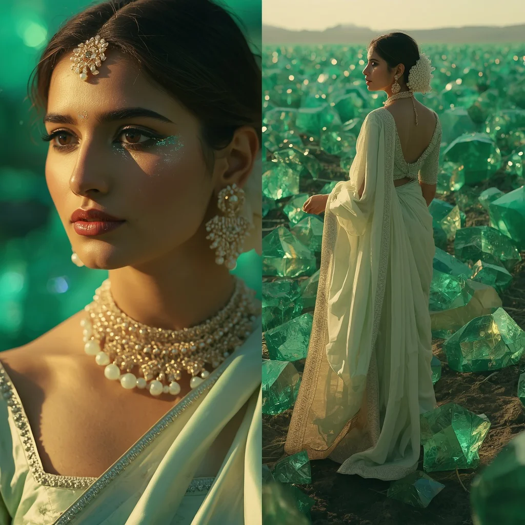 Festive Pastel Saree Floating Emerald Prism Valley Collage | chatgpt photo editing prompts for girl aesthetic - Elegant Youngster Saree AI Prompts for Graceful Studio Portraiture AI Prompt