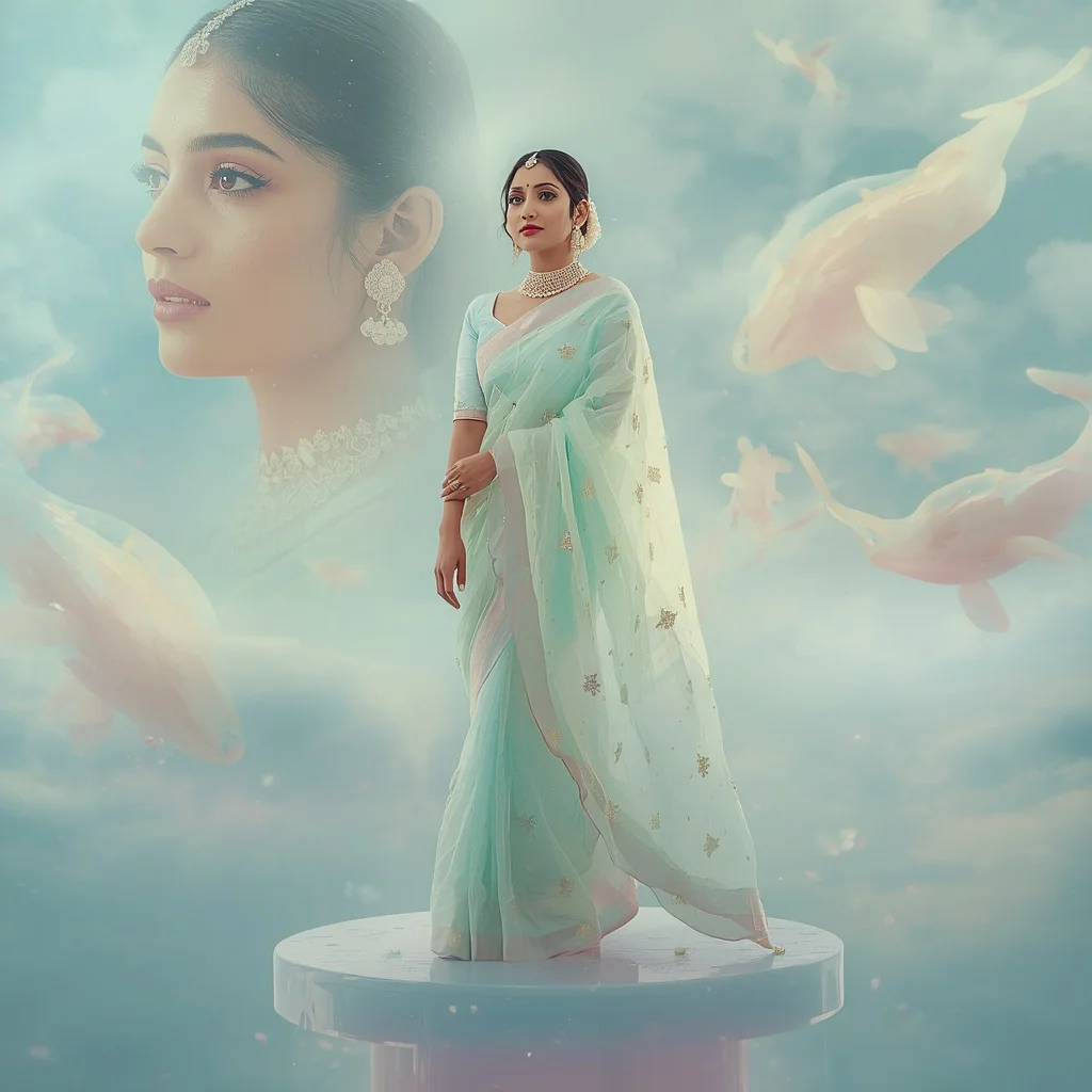 Festive Pastel Saree Floating Opaline Whale Sanctuary Collage | chatgpt photo editing prompts for girl aesthetic - Elegant Youngster Saree AI Prompts for Graceful Studio Portraiture AI Prompt