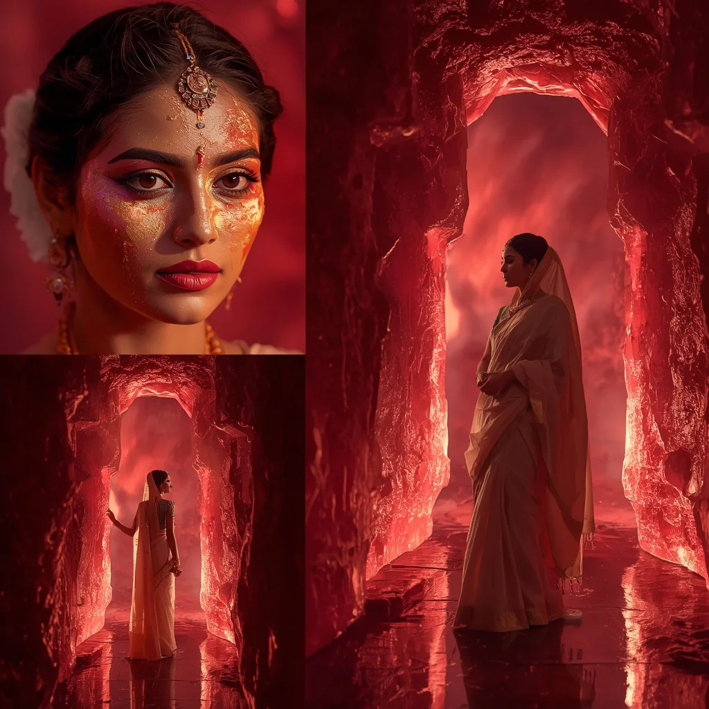 Festive Pastel Saree Floating Ruby Aurora Temple Collage | prompt for saree look for girl in english - Aesthetic Modern Girl Saree AI Prompts for Contemporary Fashion Shoots AI Prompt