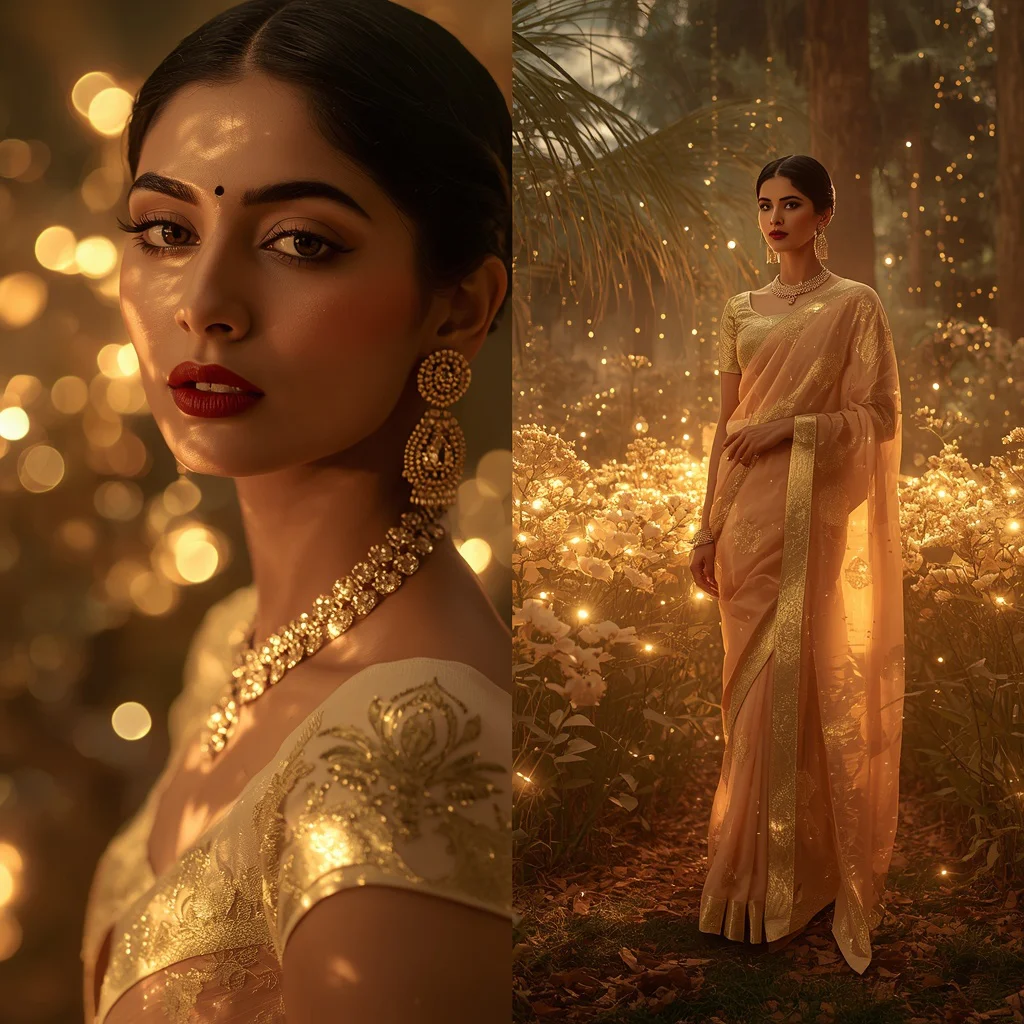 Festive Pastel Saree Golden Comet Garden Sanctuary Collage | saree prompt chatgpt - Elegant Youngster Saree AI Prompts for Graceful Studio Portraiture AI Prompt