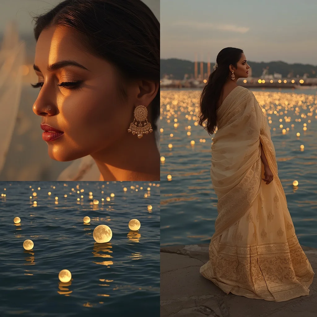 Festive Pastel Saree Golden Moon Harbor Dreamscape Collage | prompt perfect - Elegant Youngster Saree AI Prompts for Graceful Studio Portraiture AI Prompt
