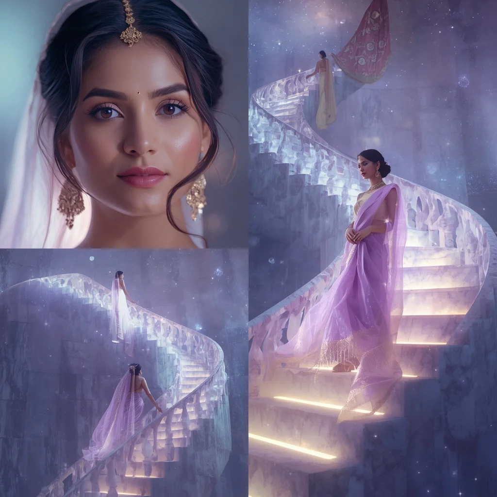 Festive Pastel Saree Moonstone Spiral Stairway Cosmos Collage | instagram trending purple saree prompt today - Aesthetic Modern Girl Saree AI Prompts for Contemporary Fashion Shoots AI Prompt